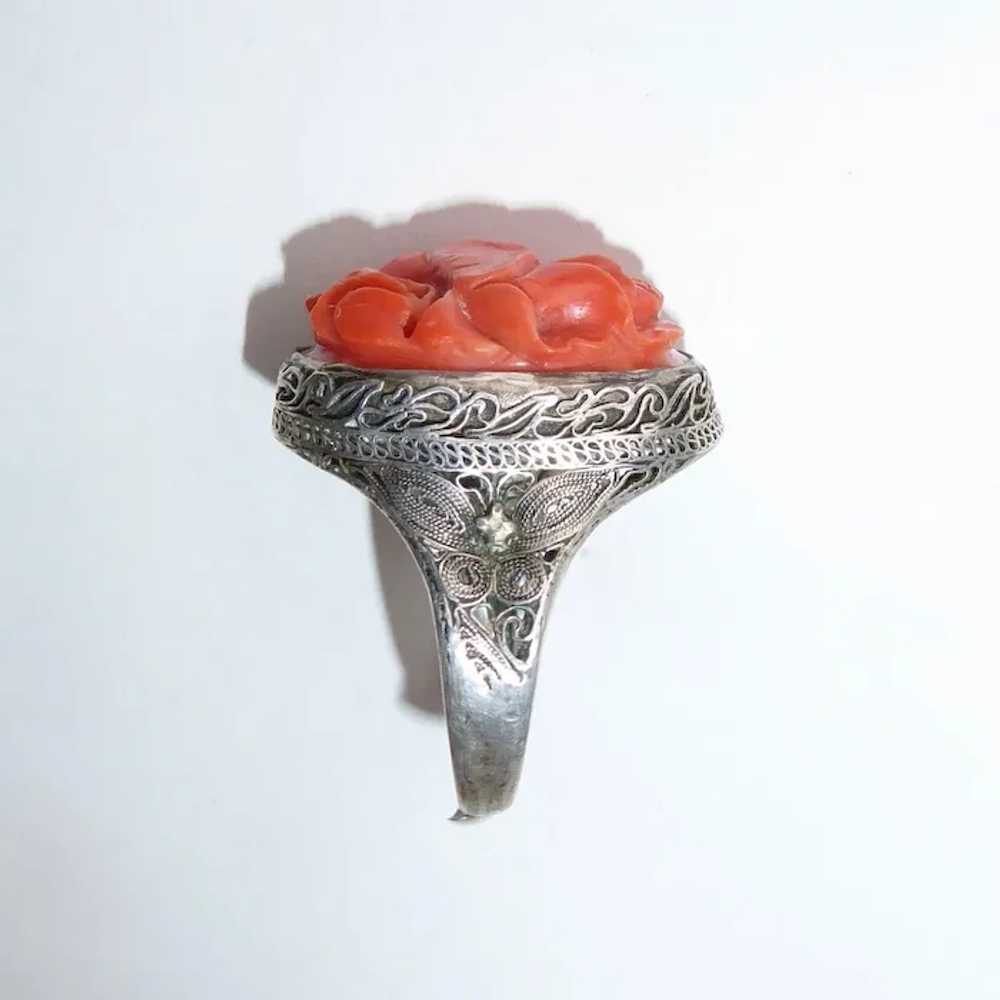 Chinese Filigree Sterling Ring Hand Carved Coral - image 12
