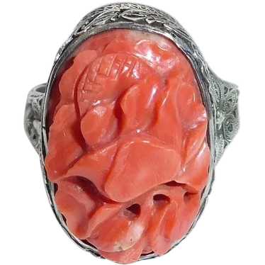 Chinese Filigree Sterling Ring Hand Carved Coral - image 1