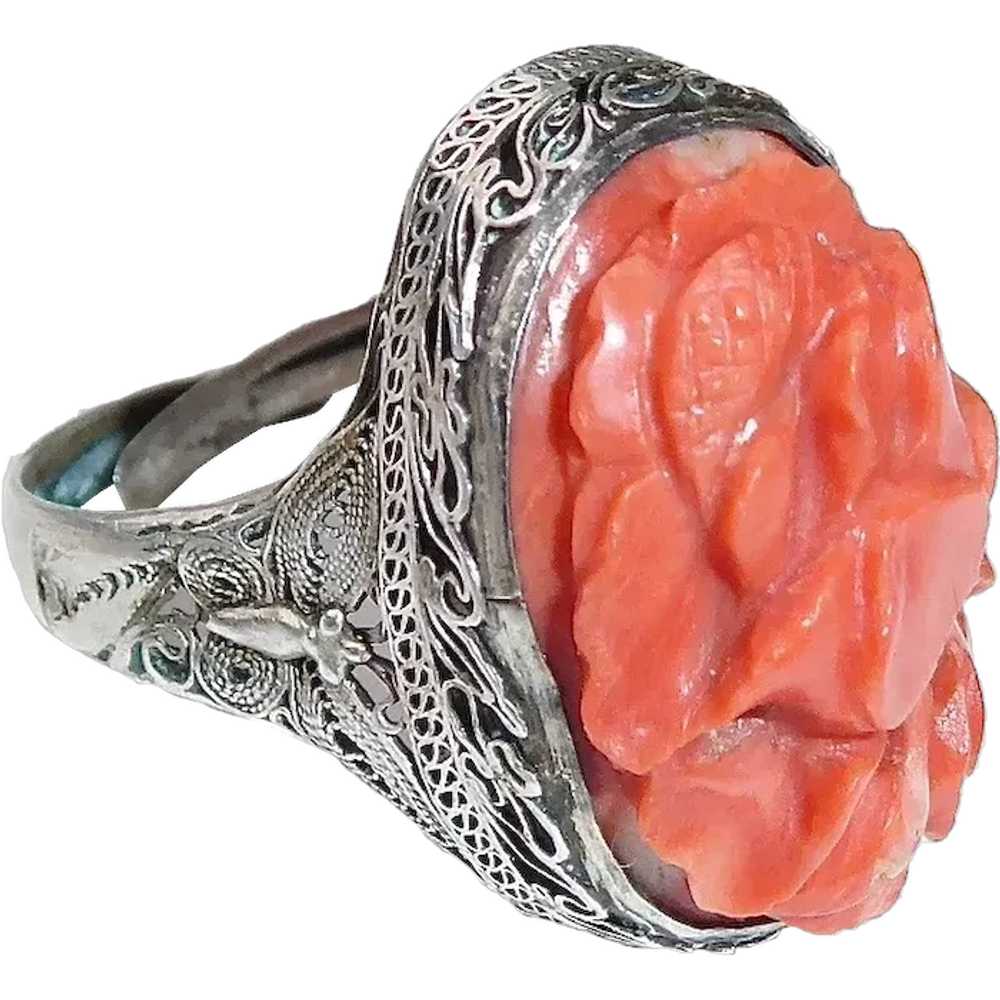 Chinese Filigree Sterling Ring Hand Carved Coral - image 2