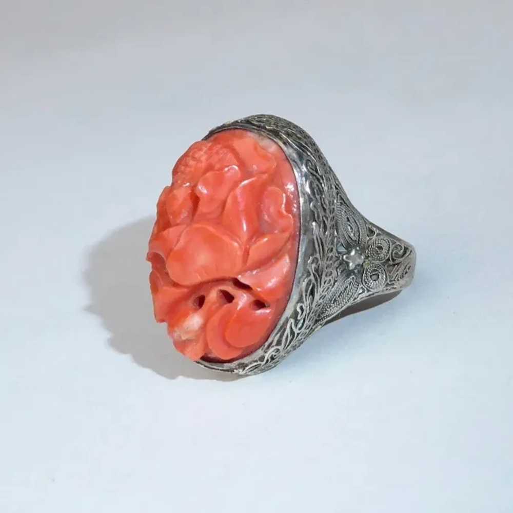 Chinese Filigree Sterling Ring Hand Carved Coral - image 3