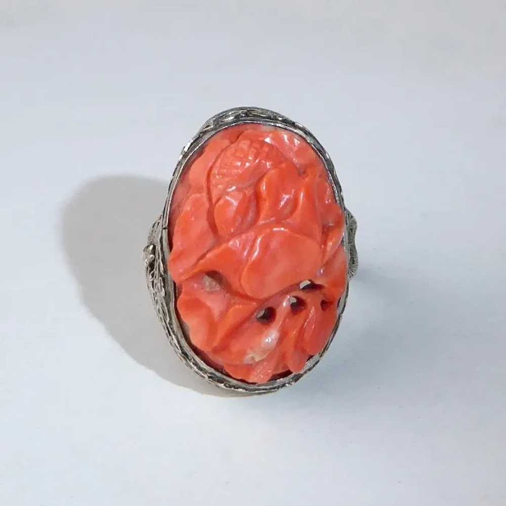 Chinese Filigree Sterling Ring Hand Carved Coral - image 4