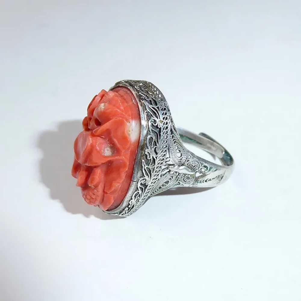Chinese Filigree Sterling Ring Hand Carved Coral - image 5