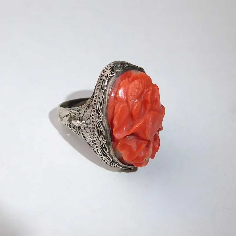 Chinese Filigree Sterling Ring Hand Carved Coral - image 6