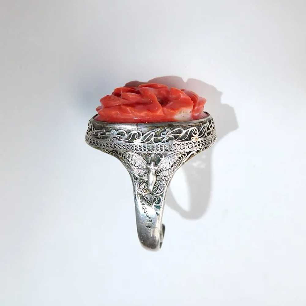 Chinese Filigree Sterling Ring Hand Carved Coral - image 7