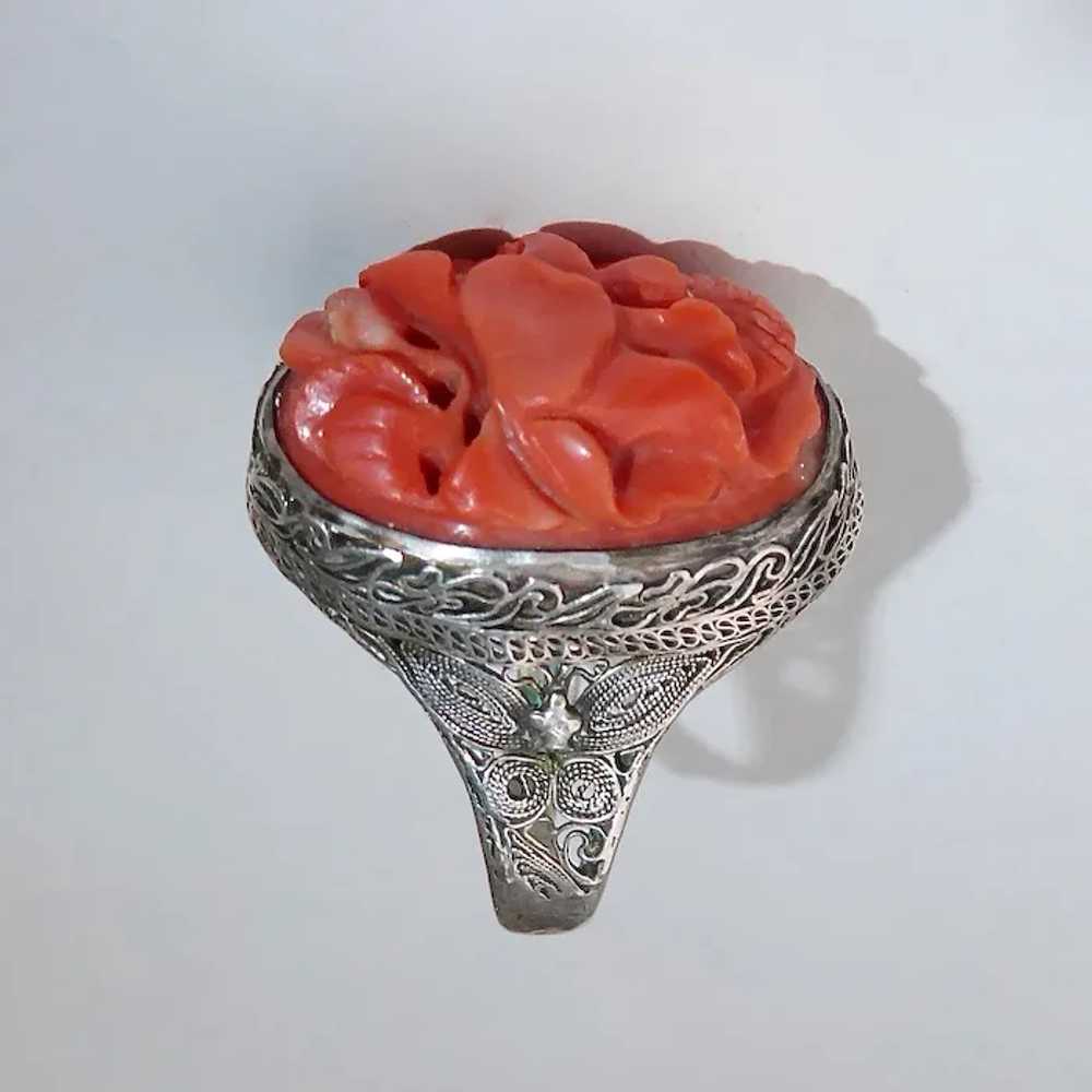 Chinese Filigree Sterling Ring Hand Carved Coral - image 8