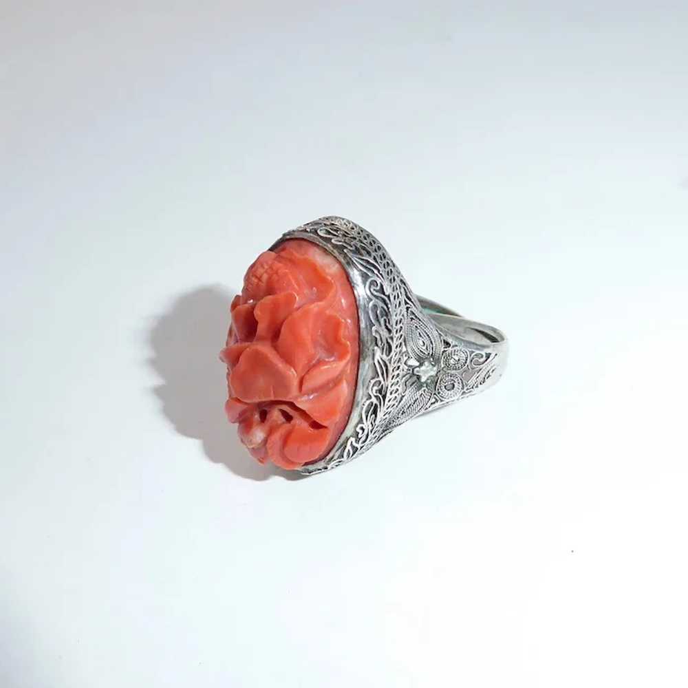 Chinese Filigree Sterling Ring Hand Carved Coral - image 9