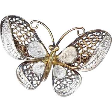 800 Silver Gilt Filigree Butterfly Pin - image 1
