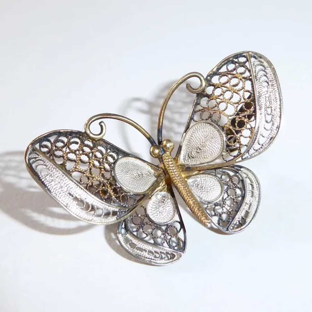 800 Silver Gilt Filigree Butterfly Pin - image 3