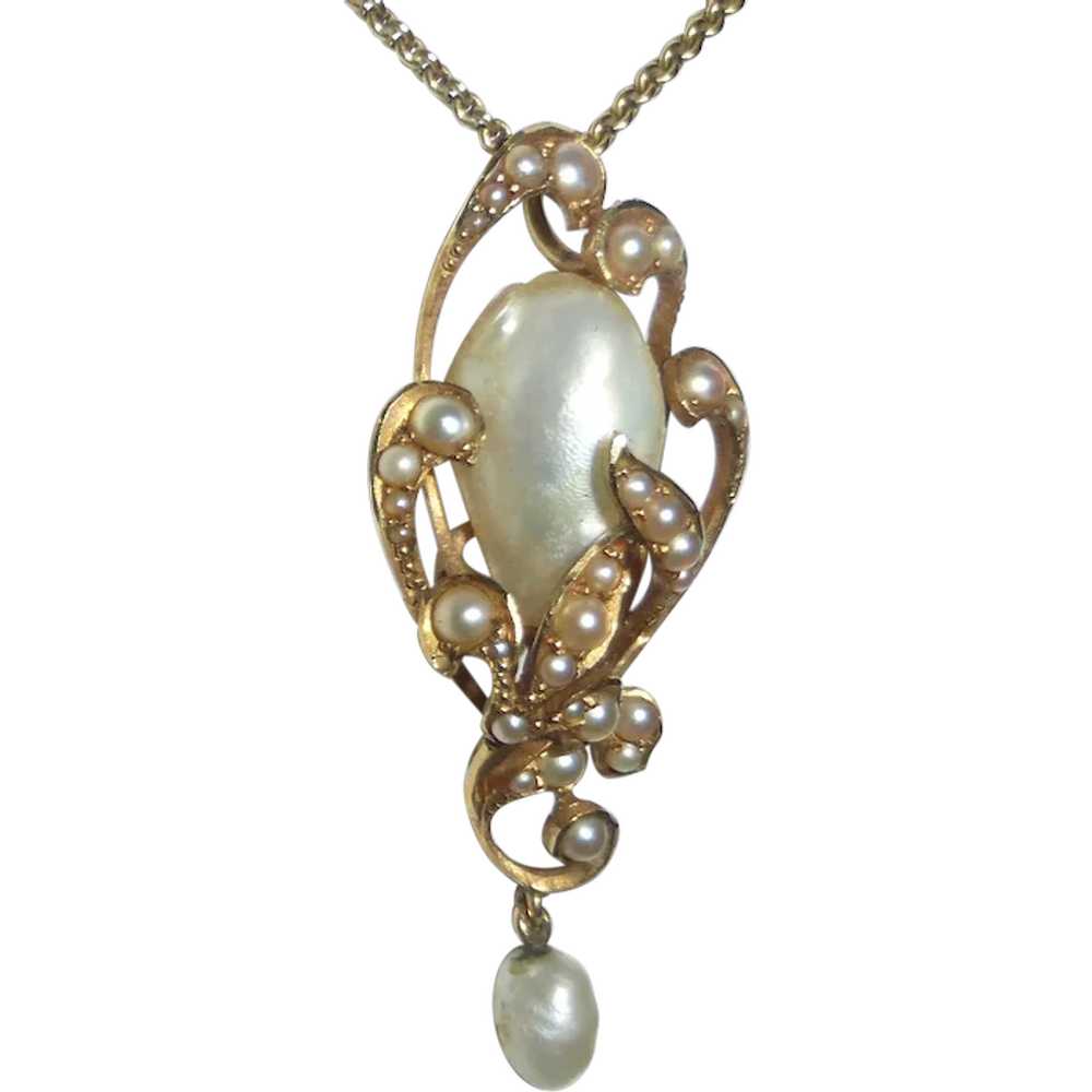 14k Art Nouveau Natural Baroque Pearl Pendant Nec… - image 1