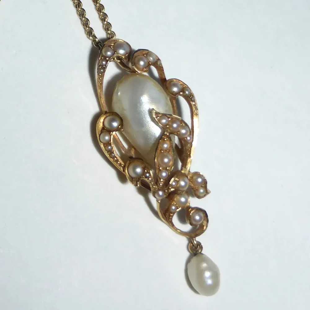 14k Art Nouveau Natural Baroque Pearl Pendant Nec… - image 3