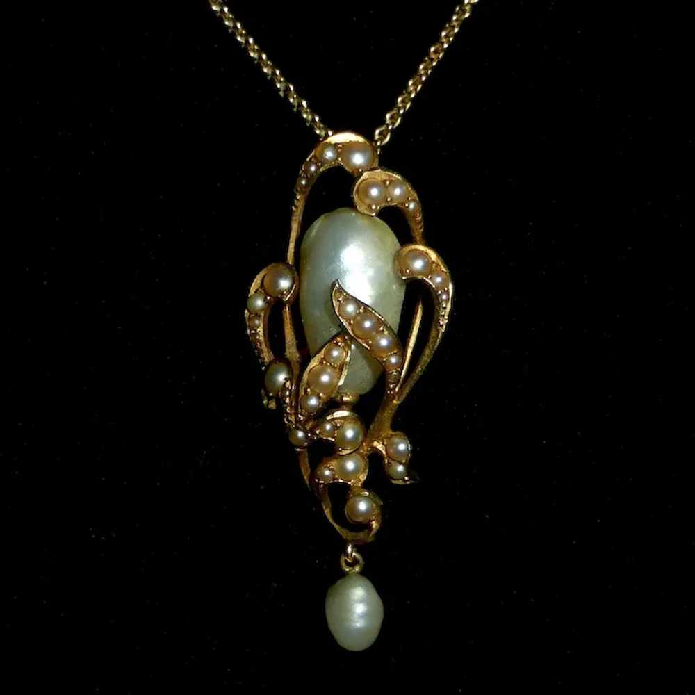 14k Art Nouveau Natural Baroque Pearl Pendant Nec… - image 4