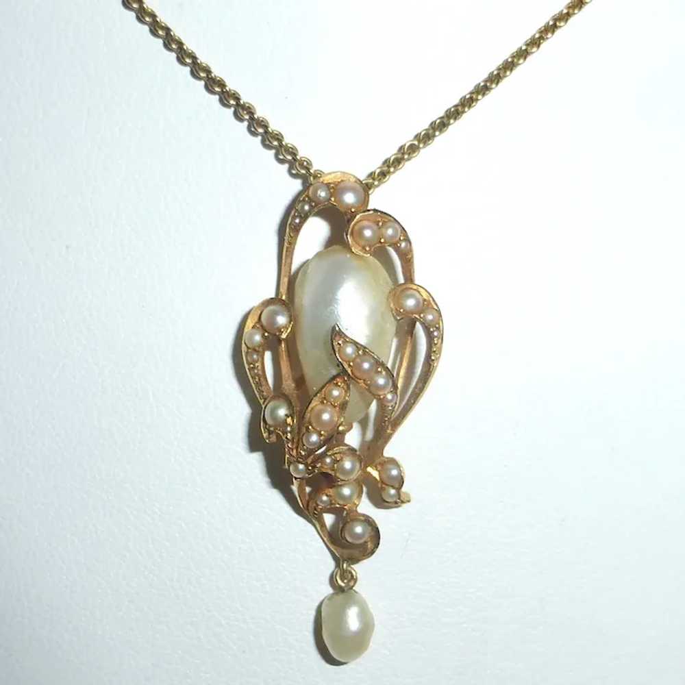14k Art Nouveau Natural Baroque Pearl Pendant Nec… - image 8