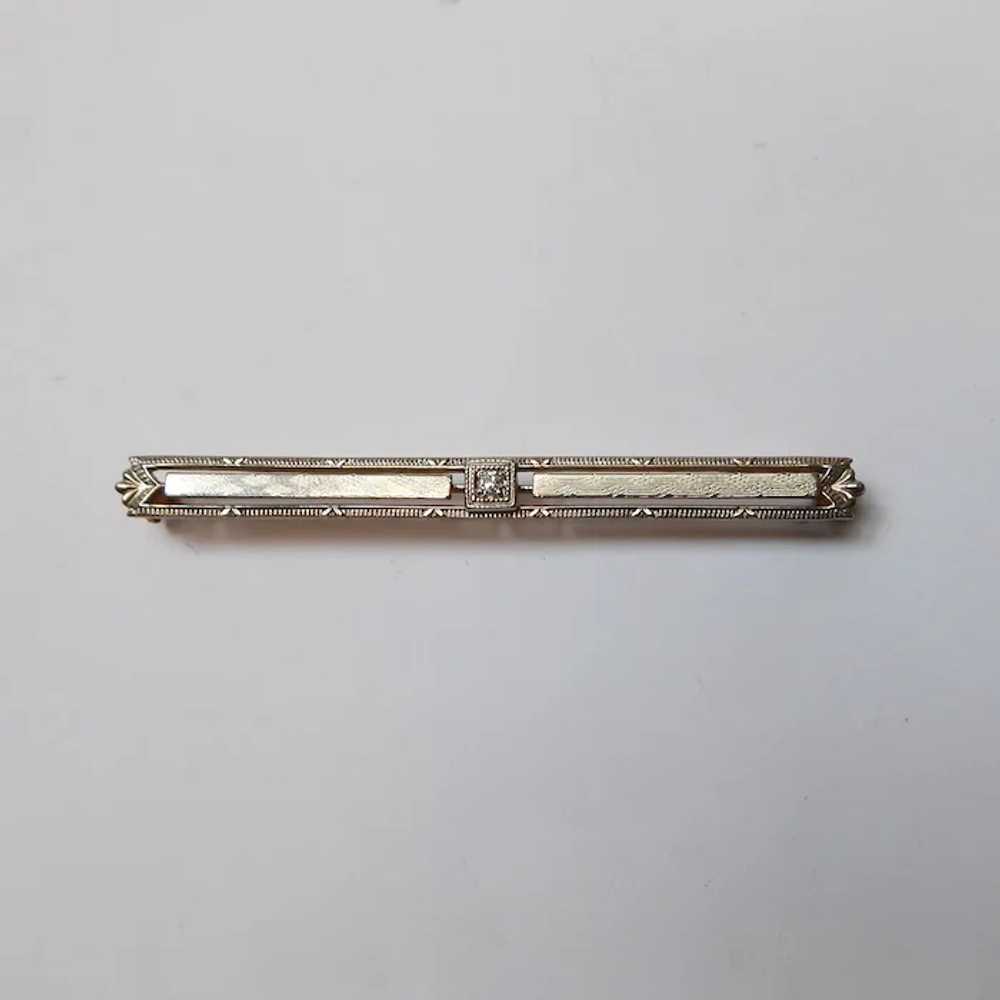 Art Deco 10k White Gold Bar Pin w Diamond - image 10