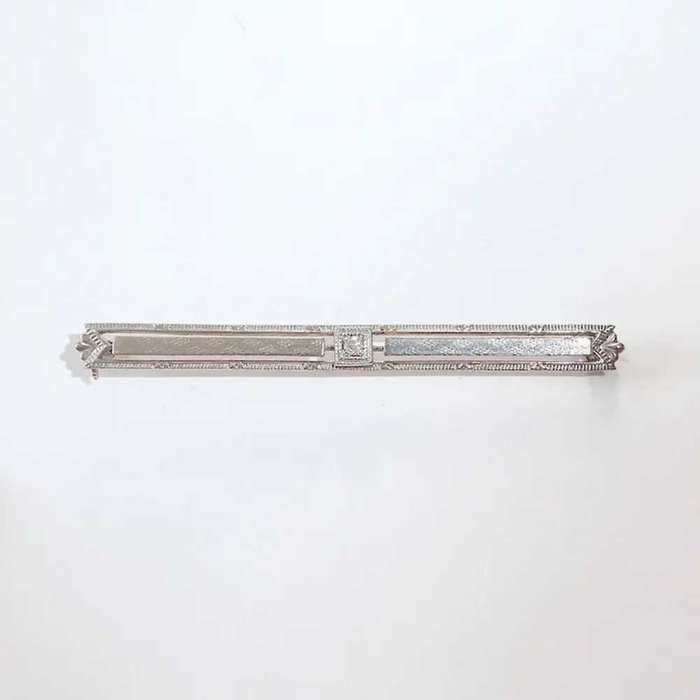 Art Deco 10k White Gold Bar Pin w Diamond - image 4