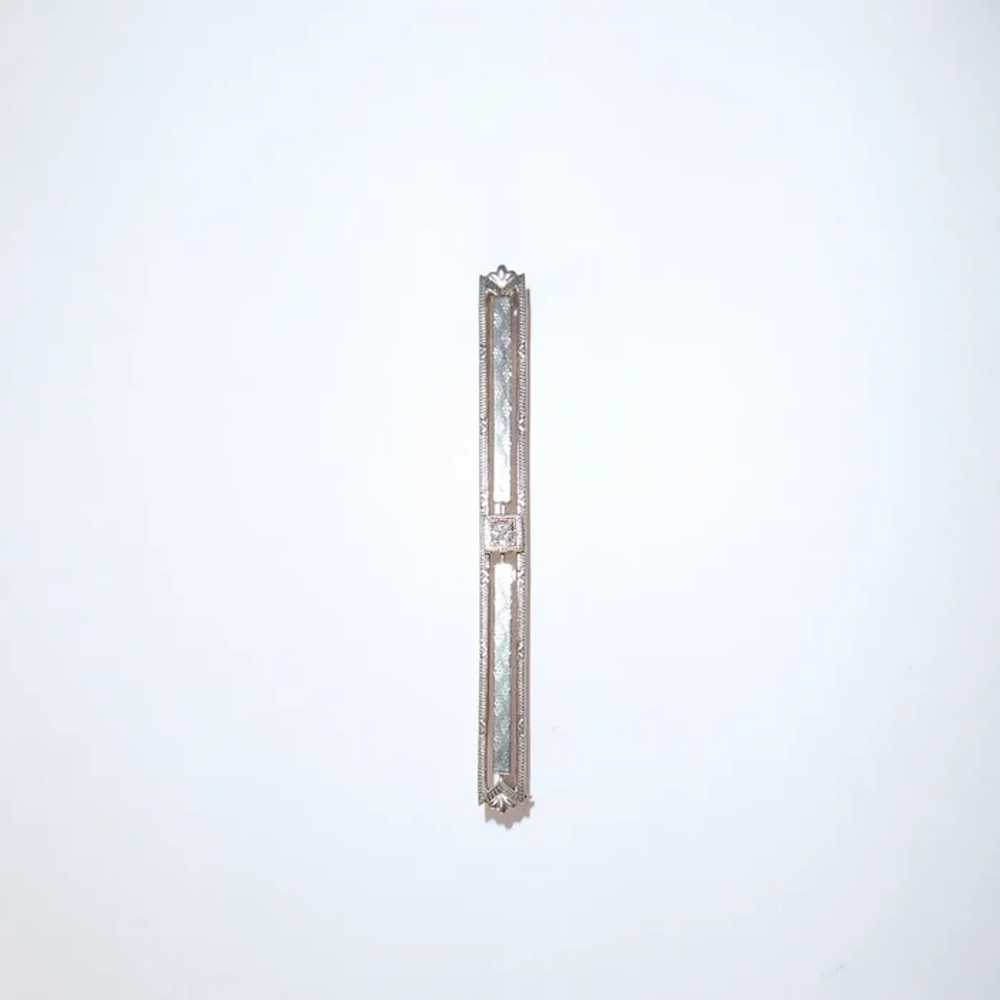 Art Deco 10k White Gold Bar Pin w Diamond - image 5