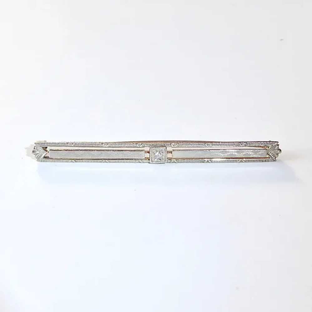 Art Deco 10k White Gold Bar Pin w Diamond - image 6
