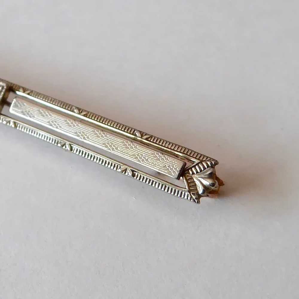 Art Deco 10k White Gold Bar Pin w Diamond - image 7