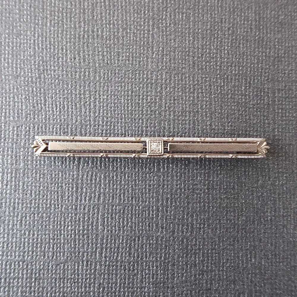 Art Deco 10k White Gold Bar Pin w Diamond - image 8