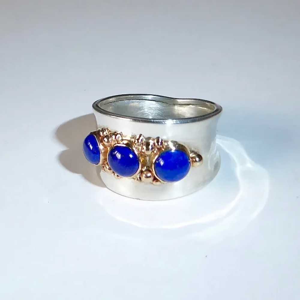 Handcrafted Sterling & 14k Wide Band Ring w Lapis - image 11