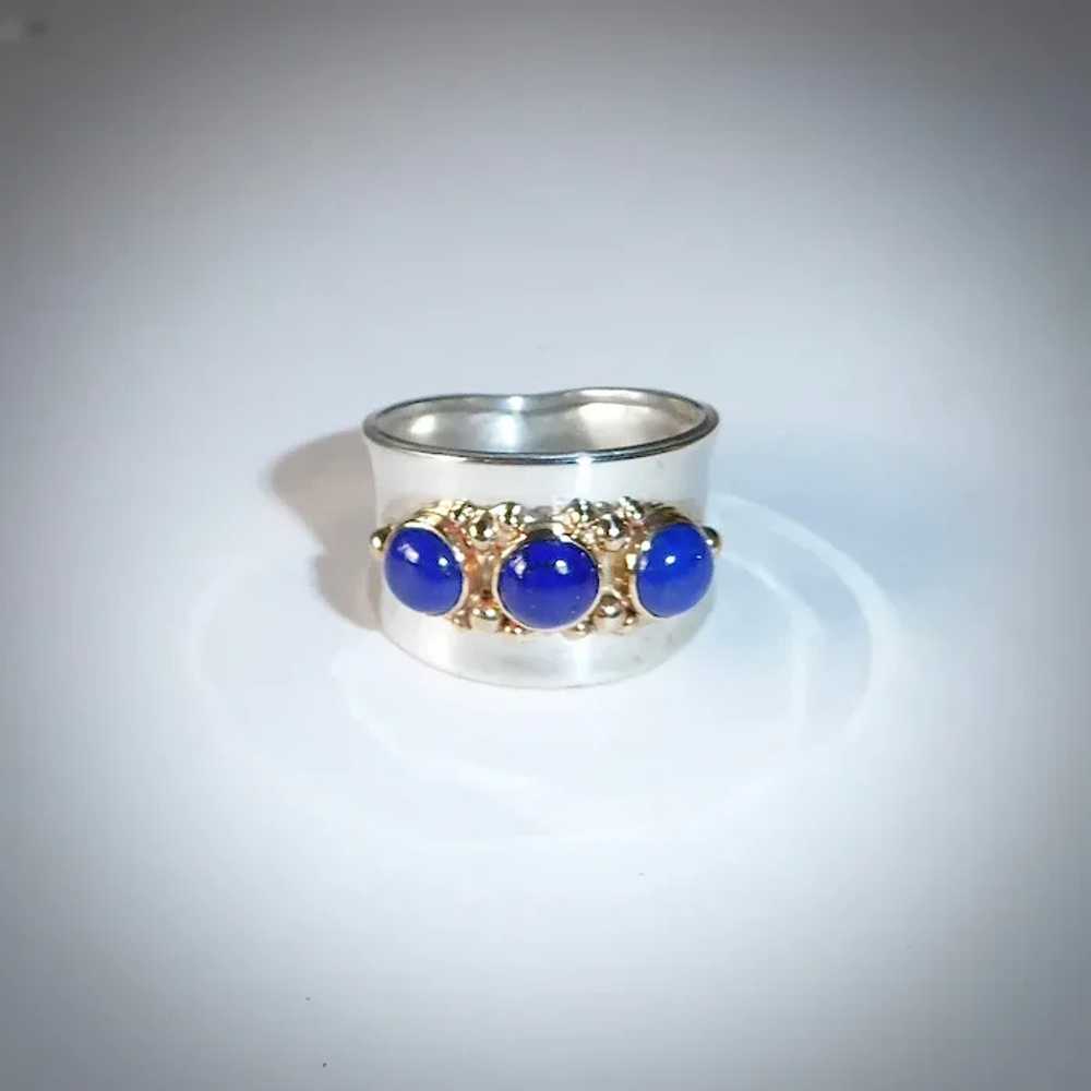 Handcrafted Sterling & 14k Wide Band Ring w Lapis - image 12