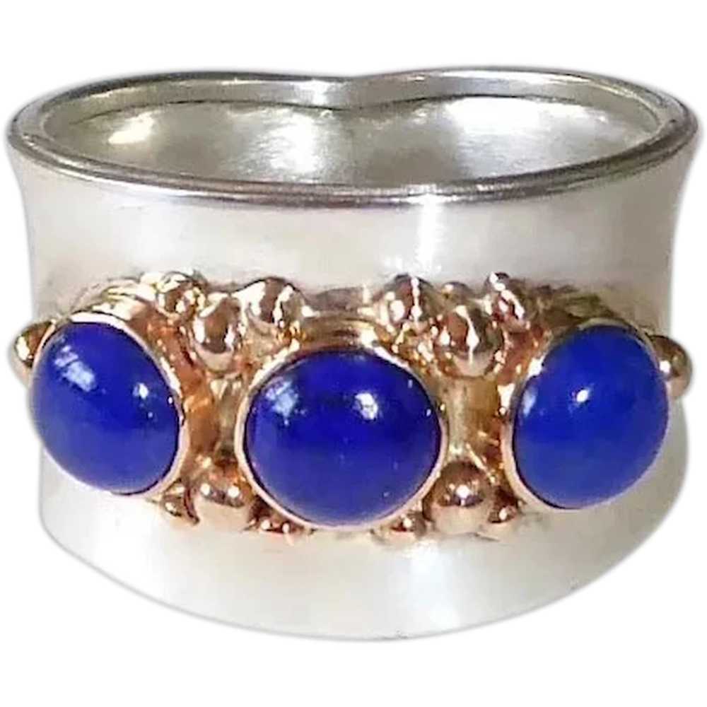 Handcrafted Sterling & 14k Wide Band Ring w Lapis - image 1
