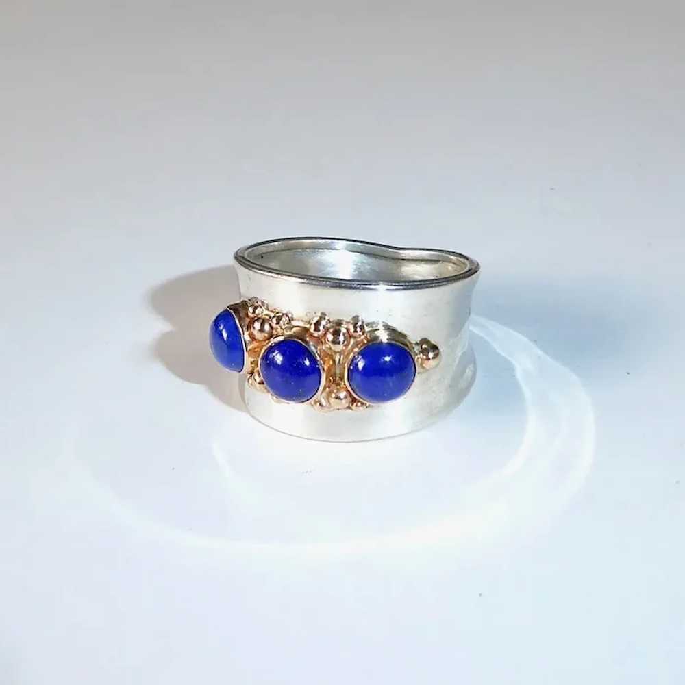 Handcrafted Sterling & 14k Wide Band Ring w Lapis - image 2