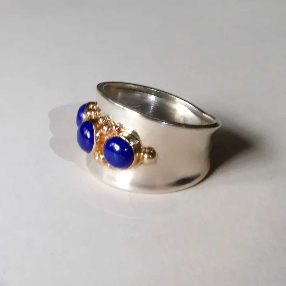 Handcrafted Sterling & 14k Wide Band Ring w Lapis - image 4
