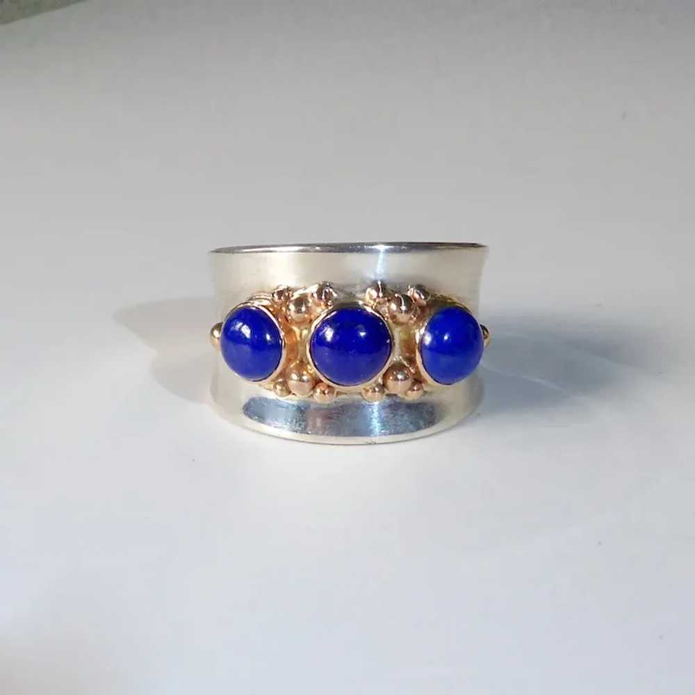 Handcrafted Sterling & 14k Wide Band Ring w Lapis - image 5