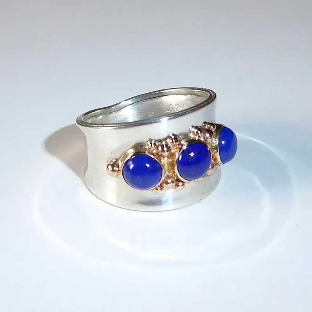 Handcrafted Sterling & 14k Wide Band Ring w Lapis - image 6