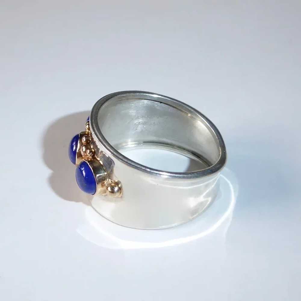 Handcrafted Sterling & 14k Wide Band Ring w Lapis - image 7
