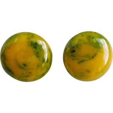 Bakelite Button Earrings of Spinach Green and Yel… - image 1