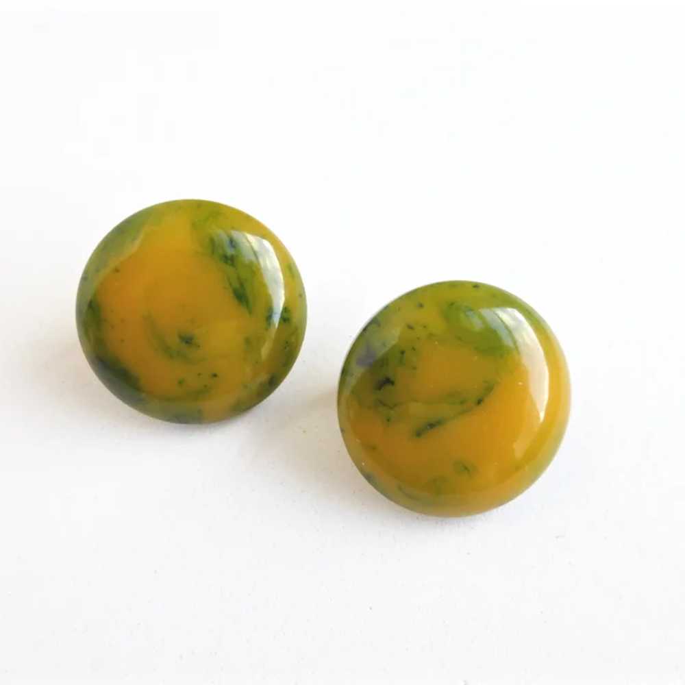 Bakelite Button Earrings of Spinach Green and Yel… - image 2