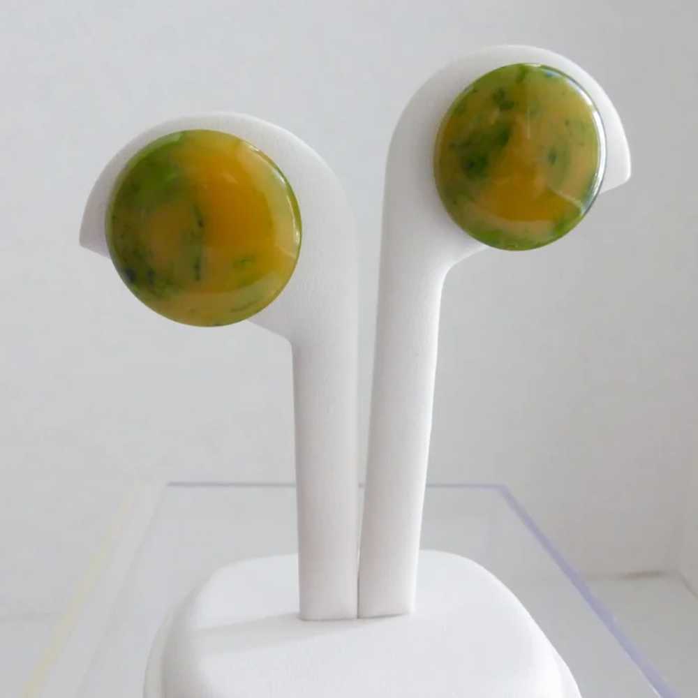 Bakelite Button Earrings of Spinach Green and Yel… - image 3