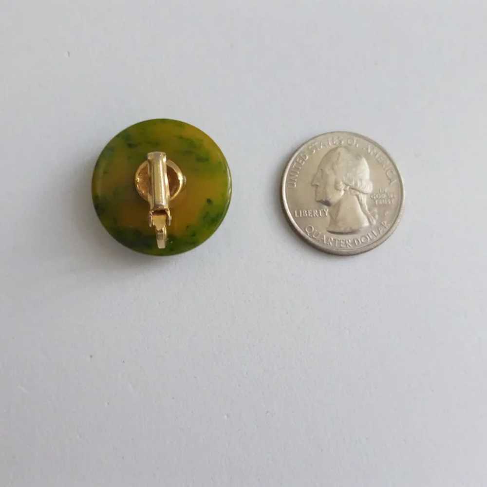 Bakelite Button Earrings of Spinach Green and Yel… - image 5