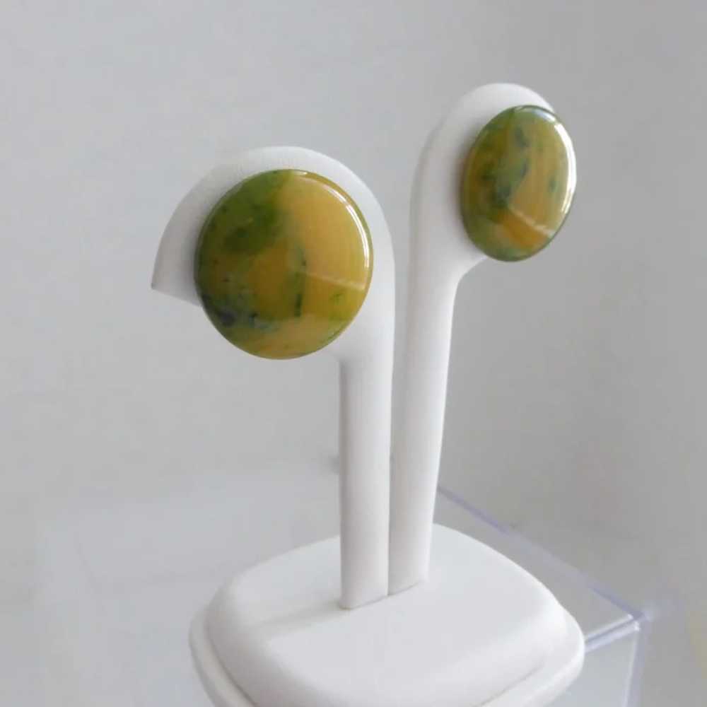 Bakelite Button Earrings of Spinach Green and Yel… - image 6