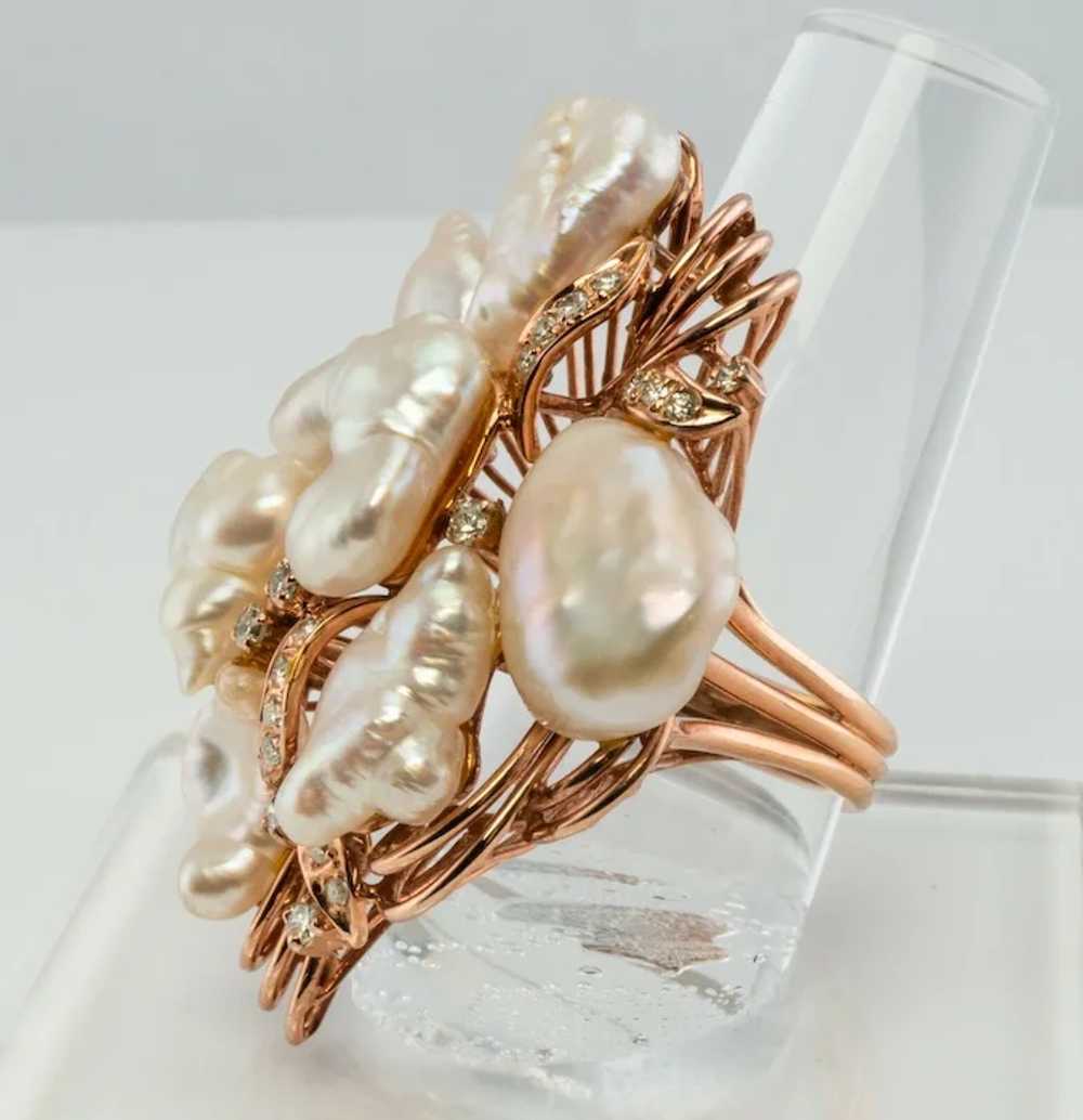 Baroque Pearl Diamond Ring 14K Rose Pink Gold Coc… - image 10