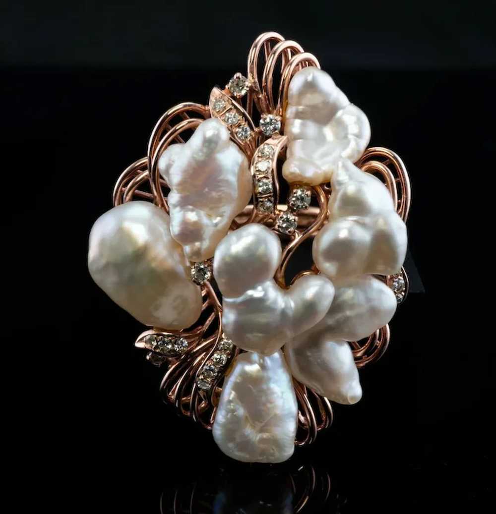 Baroque Pearl Diamond Ring 14K Rose Pink Gold Coc… - image 2