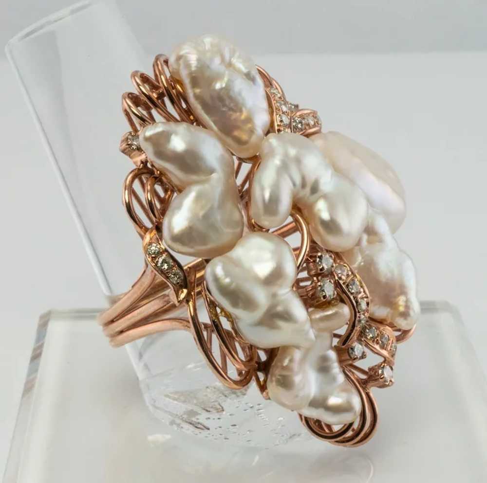 Baroque Pearl Diamond Ring 14K Rose Pink Gold Coc… - image 3