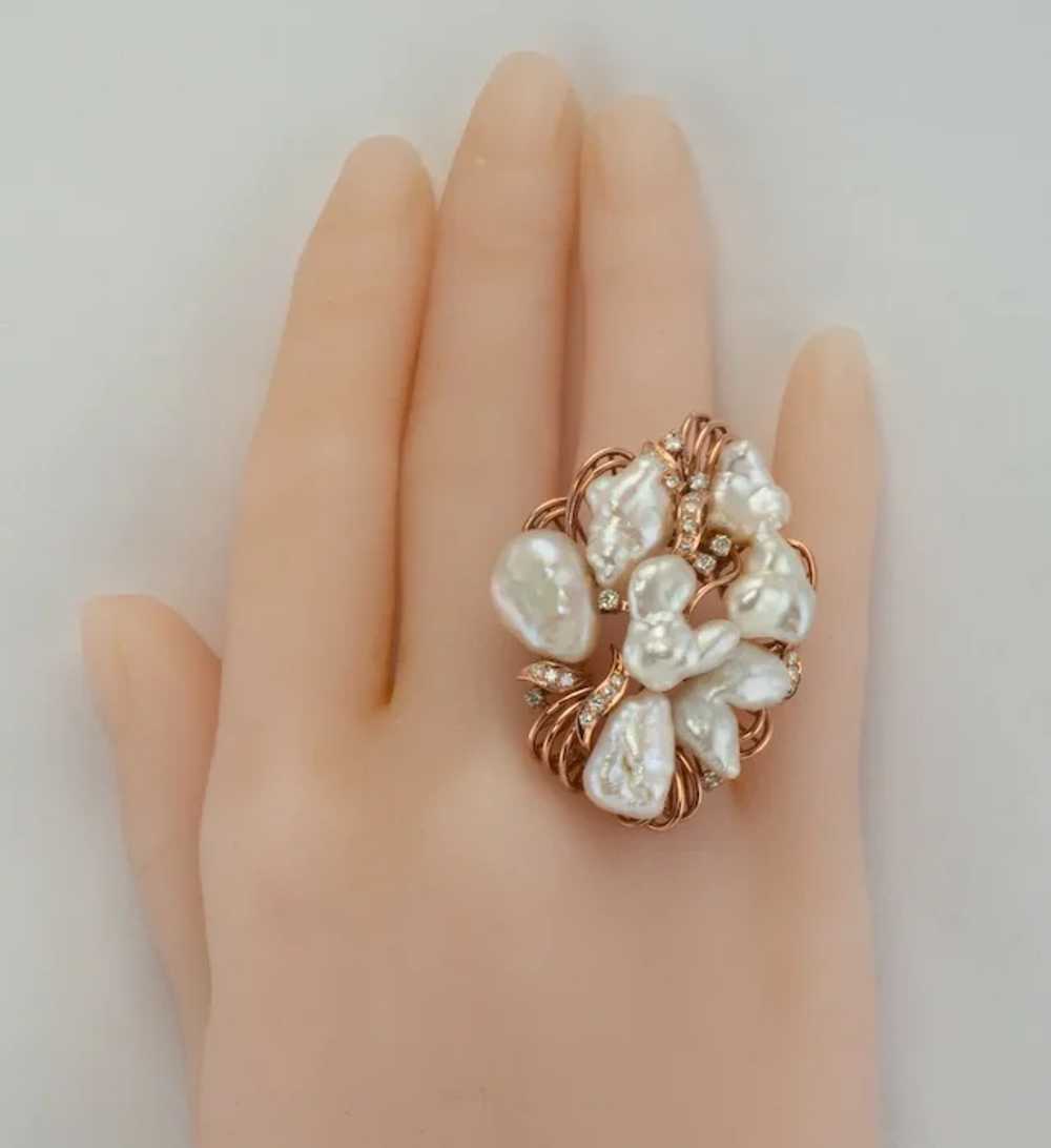Baroque Pearl Diamond Ring 14K Rose Pink Gold Coc… - image 4