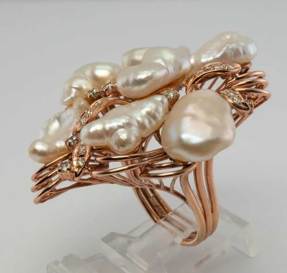 Baroque Pearl Diamond Ring 14K Rose Pink Gold Coc… - image 6