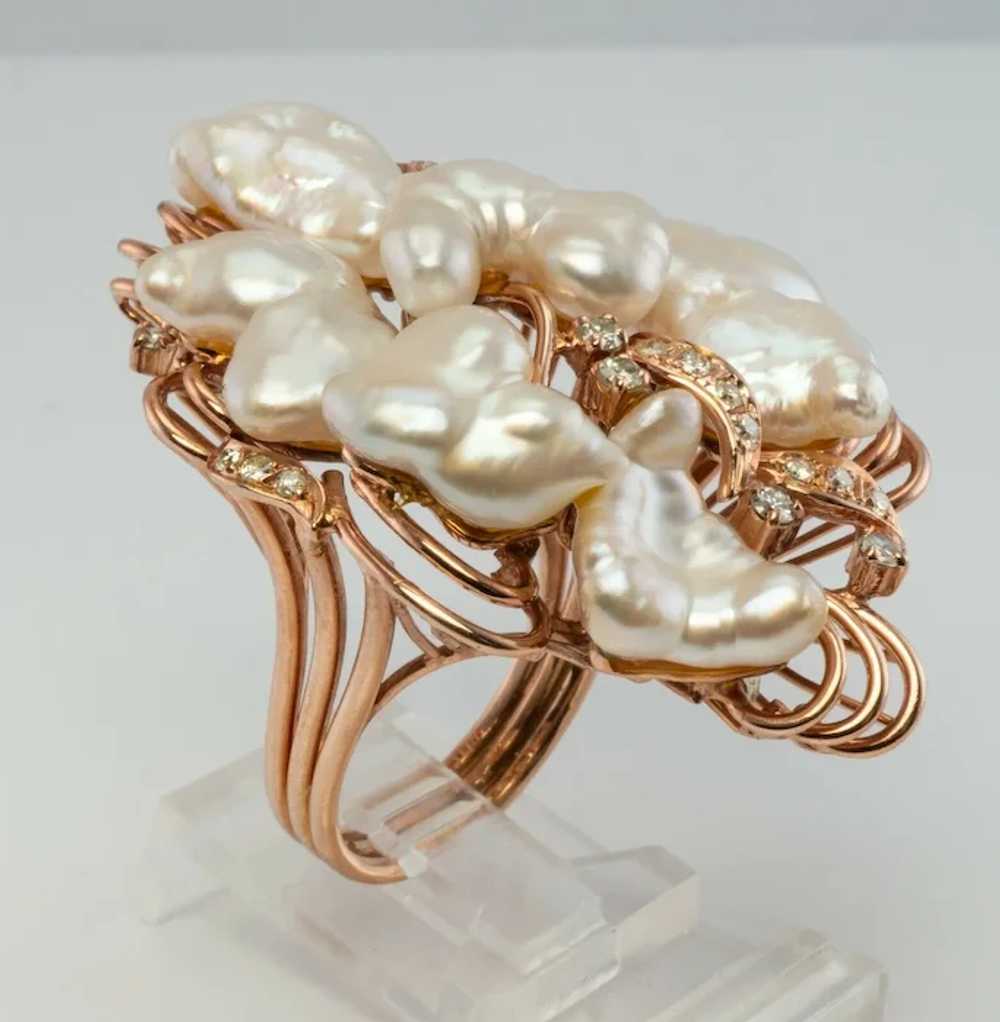 Baroque Pearl Diamond Ring 14K Rose Pink Gold Coc… - image 7