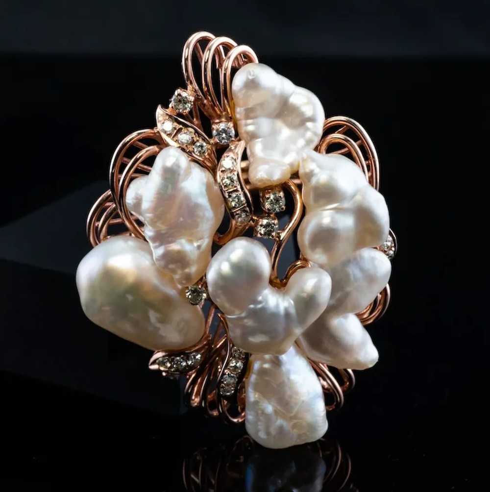 Baroque Pearl Diamond Ring 14K Rose Pink Gold Coc… - image 8
