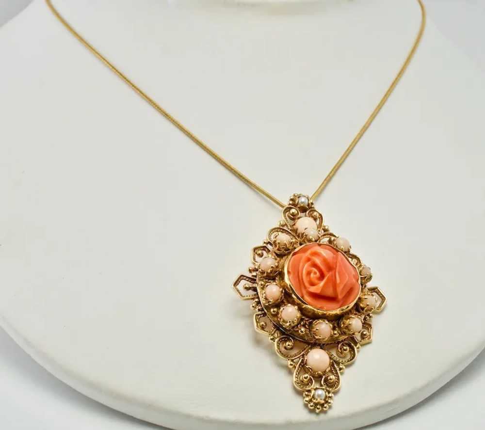 Red Coral Pearl Rose Flower Pendant Brooch 14K Go… - image 9