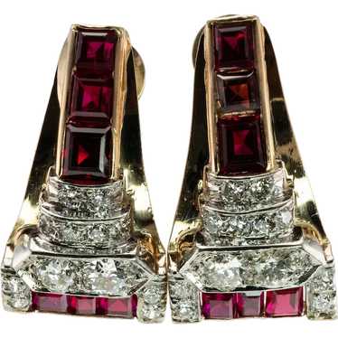 Natural Ruby Diamonds Earrings 14K Gold Retro Vint