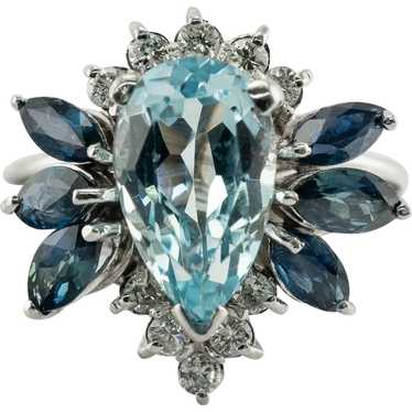 Natural Diamond Sapphire Aquamarine Ring 14K Whit… - image 1