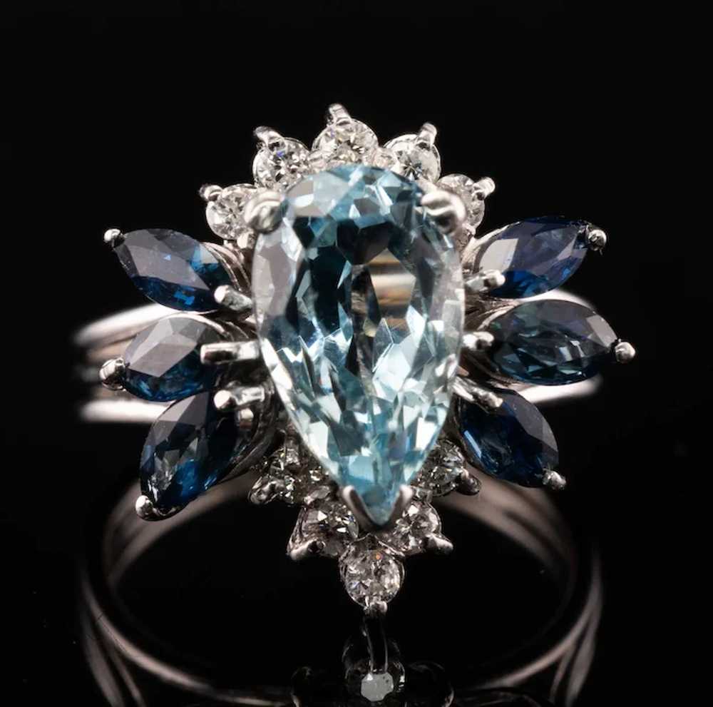 Natural Diamond Sapphire Aquamarine Ring 14K Whit… - image 2