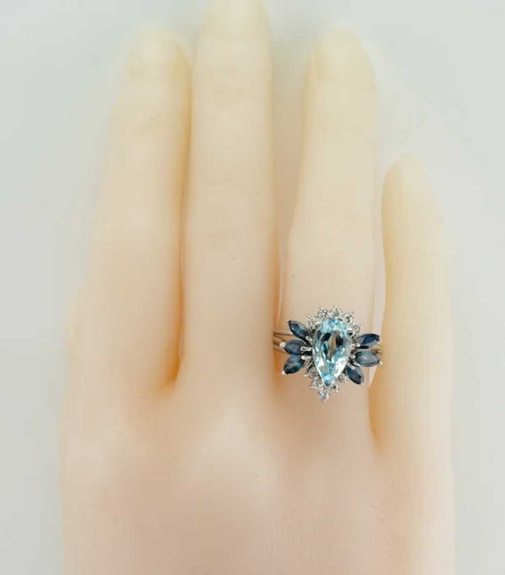 Natural Diamond Sapphire Aquamarine Ring 14K Whit… - image 3