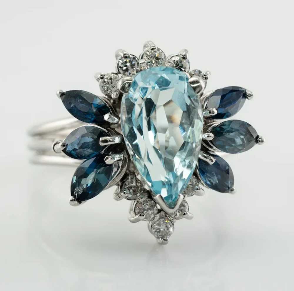 Natural Diamond Sapphire Aquamarine Ring 14K Whit… - image 5