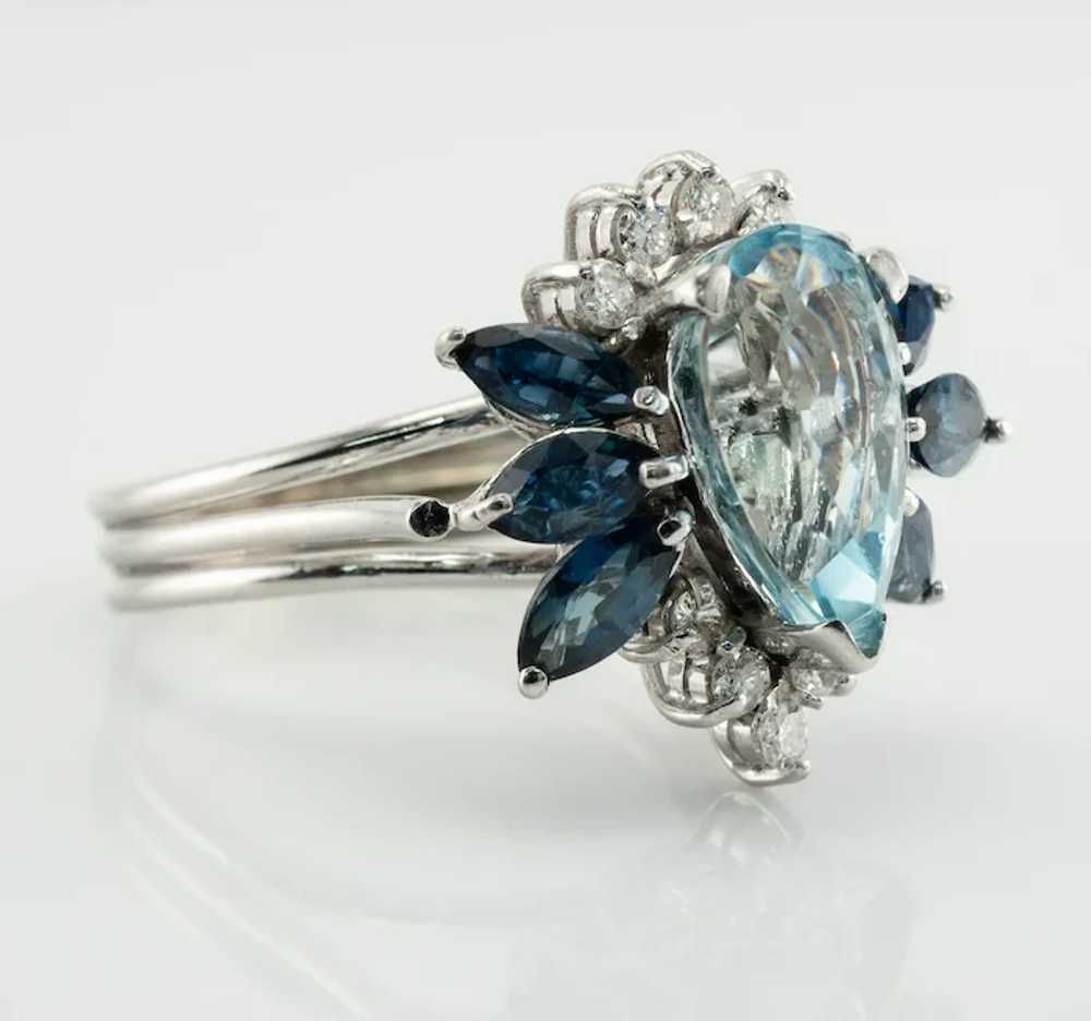 Natural Diamond Sapphire Aquamarine Ring 14K Whit… - image 6