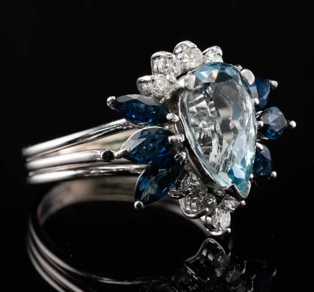 Natural Diamond Sapphire Aquamarine Ring 14K Whit… - image 8